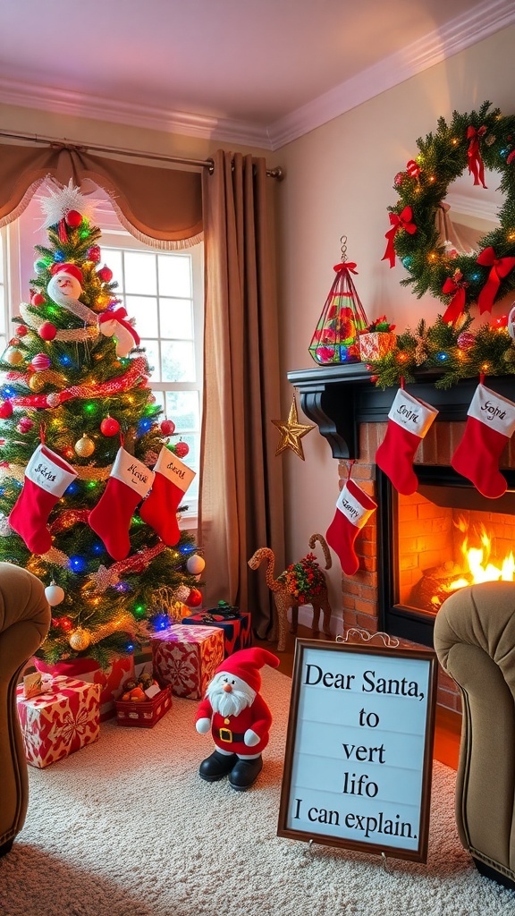 A cozy Christmas living room with a decorated tree, stockings, and humorous holiday decorations.